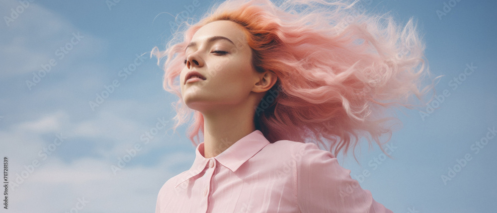 Beautiful young woman with pink hair waving in wind on blue sky Beautiful young woman with pink hair waving in wind on blue sky