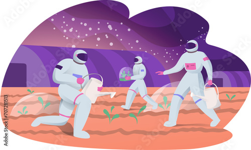 Group cosmonaut people grown plant in another planet, astronaut character work garden cartoon vector illustration, isolated on white. Cosmic technology life in space, terraforming concept.