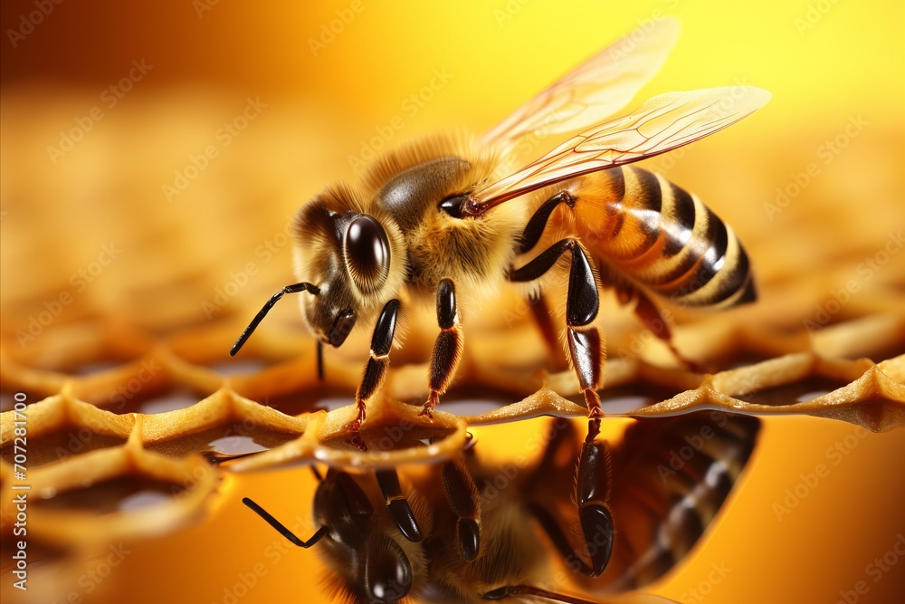 Busy Bee in a Vibrant Honeycomb. Macro Busy Bee in a Vibrant Honeycomb. Macro