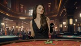 Chic woman in black dress at poker table for blackjack game in casino. The woman is holding two cards and a champagne glass. Concept of casino and gambling.