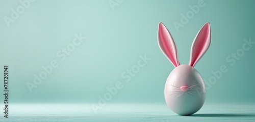 Pink ceramic egg with bunny ears on a blue background