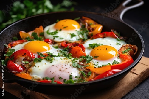 Fried eggs with vegetables and herbs in pan