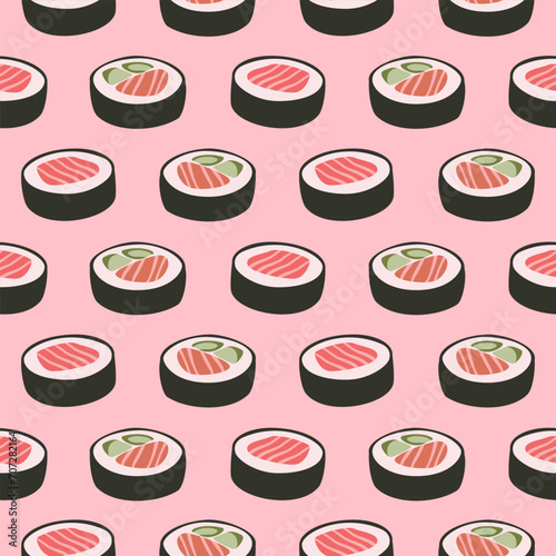 seamless pattern with sushi on pink background 