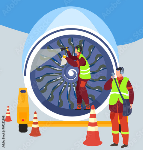 Technical special team, repair engine passenger plane, male character engineer working fix airplane cartoon vector illustration, isolated on white. Concept professional aircraft maintenance.
