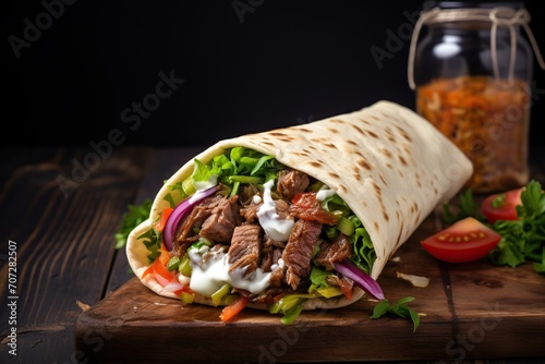 Tasty doner kebab on wooden background