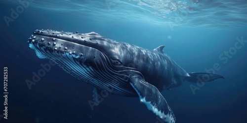 A majestic humpback whale gracefully gliding through the ocean. Perfect for marine life enthusiasts or educational materials about whales © Fotograf