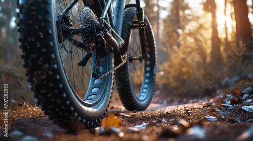 A detailed view of a bicycle tire on a trail. Ideal for cycling enthusiasts and outdoor adventure promotions