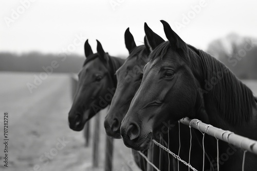 Three horses standing behind a fence in a field. Suitable for equestrian themes and rural landscapes