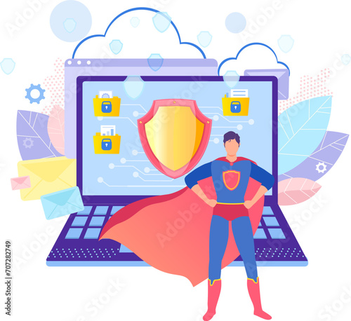 Concept superhero antivirus tiny character, digital technology personal laptop, protect information cartoon vector illustration, isolated on white. Private online data, modern problem society.