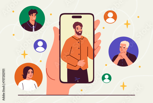 Online connection concept. Distant communication and interaction. Social networks and messengers. Man communicate with young friends. Cartoon flat vector illustration isolated on beige background