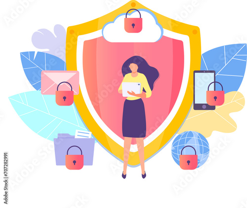 Businesswoman standing protect digital company email information, concept data antivirus cartoon vector illustration, isolated on white. Modern private problem business correspondence.