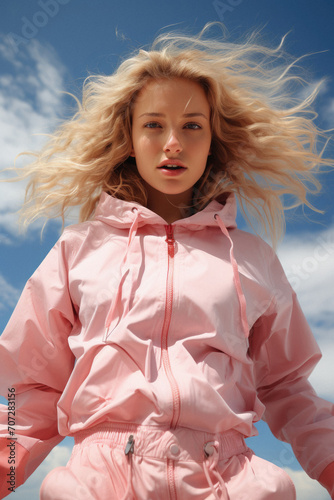 Beautiful girl with blond hair in a pink coat on a background of blue sky