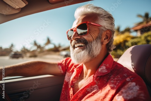 Happy bearded senior man driving car on sunny day © Baba Images