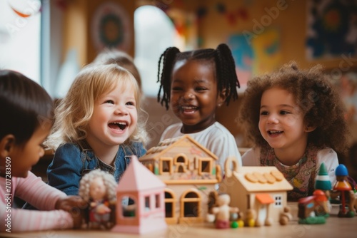Group of happy toddlers playing in kindergarten photo