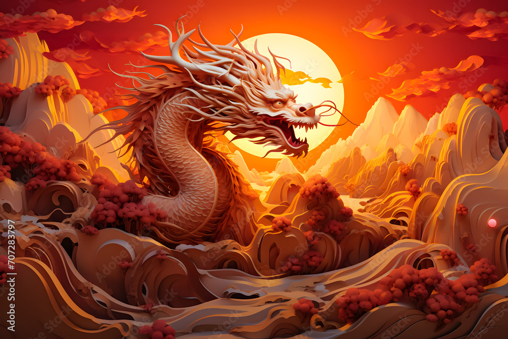 Chinese paper cut style dragon statue on red background. 3D rendering