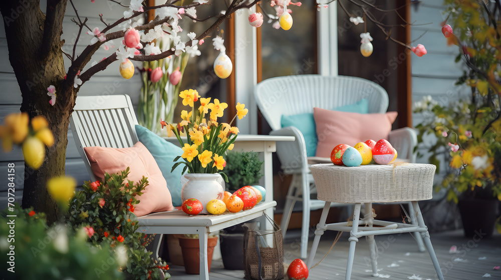 Naklejka premium Decorated Easter terrace with colorful eggs and tulips. Wicker chair with cushions and flowers on the porch of the house. Beautiful easter spring exterior with spring flowers.