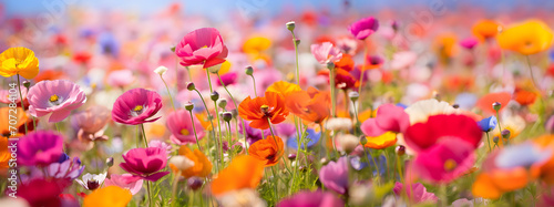 Beautiful Field of colorful poppies flower in a meadow in spring, panoramic view. 