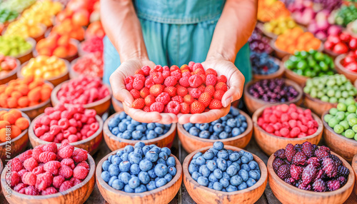 Person with hands full of raspberries, blueberries, healthy food, National Nutrition Month celebration, March, food concept, generative ai