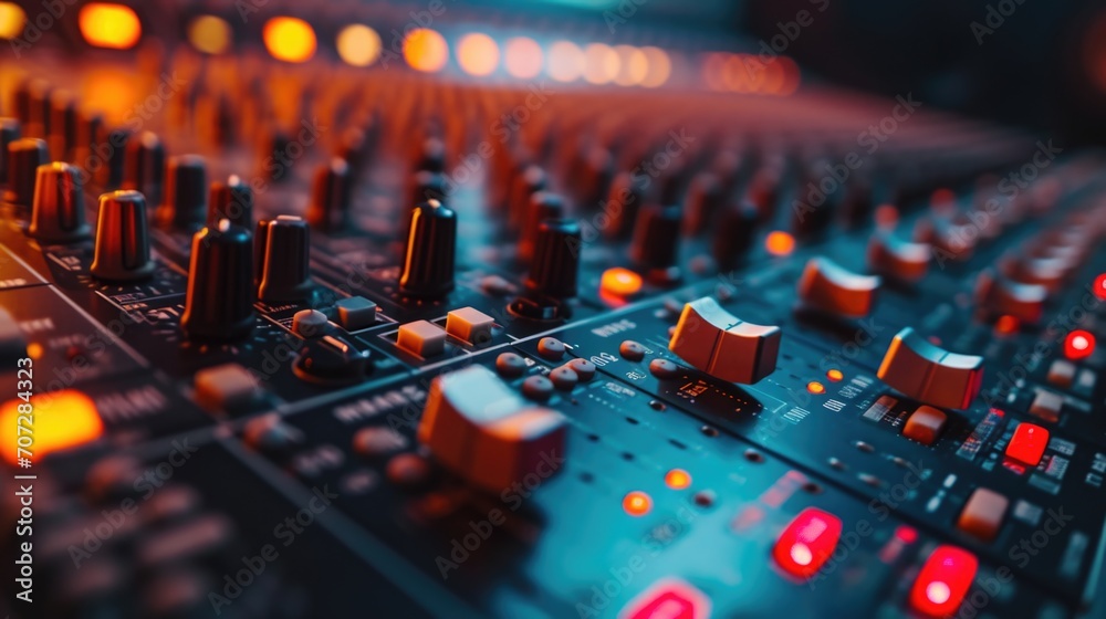 A detailed close up of a mixing board with multiple knobs. This image can be used to represent music production, sound engineering, or recording equipment A detailed close up of a mixing board with multiple knobs. This image can be used to represent music production, sound engineering, or recording equipment