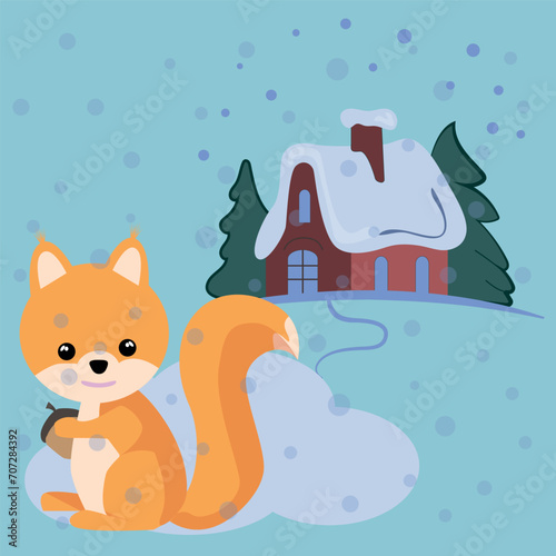 Vector image of a children's illustration. A cute squirrel in a winter fairy tale at the hut.