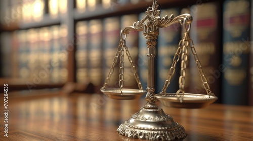 A scale of justice sitting on top of a wooden table. Can be used to represent fairness, law, and the legal system photo