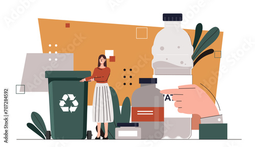 People care about planet concept. Woman near trashcan with plastic bottles. Eco frinedly activists and volunteers. Reducing release of harmful waste into atmosphere. Cartoon flat vector illustration photo