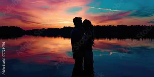A serene image of a man and woman standing in the water at sunset. Perfect for romantic or beach-themed designs