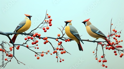 A flock of cedar waxwings feasting on frozen berries, their sleek silhouettes adorned with delicate touches of crimson and yellow. photo