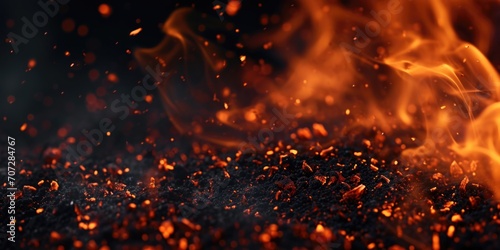 Fire burning brightly on a black surface. Can be used to depict warmth, energy, danger, or destruction.