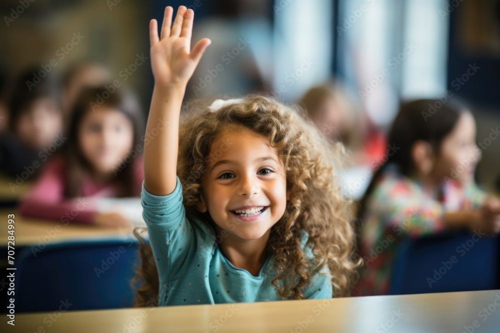 Fototapeta premium Young girl raising hand in elementary school classroom