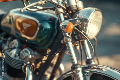 A close up view of a motorcycle parked on a street. Suitable for various uses