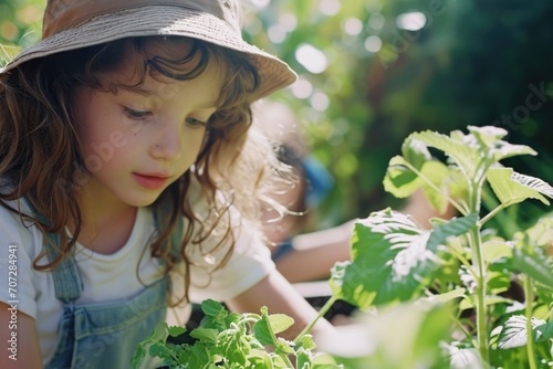 A little girl wearing a hat is picking plants. This image can be used to illustrate gardening, nature, or children activities © Fotograf
