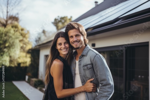 Happy young couple next to house with solar panels