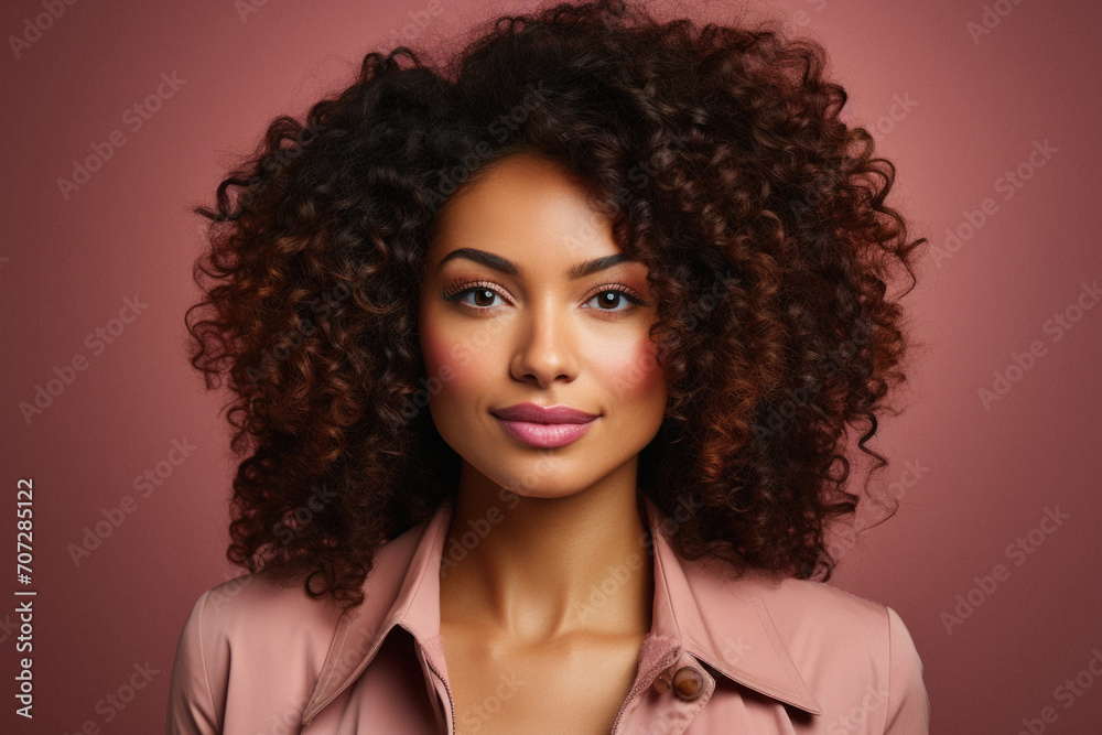 Beautiful african american woman with curly hair on pink background