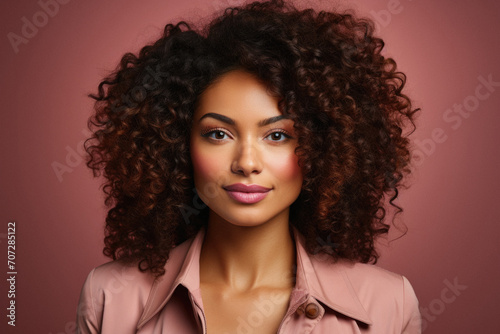 Beautiful african american woman with curly hair on pink background