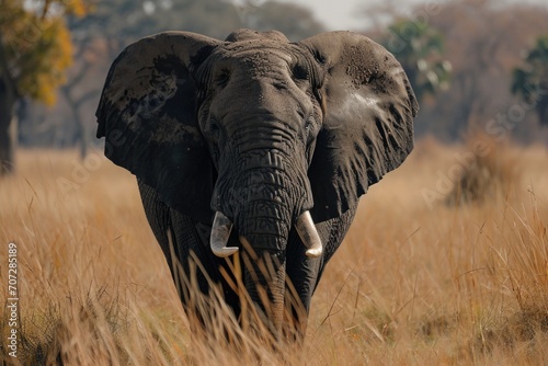 An elephant with tusks walking through tall grass. Can be used for nature  wildlife  or African safari themes