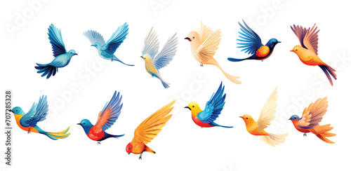 Vector illustration collection of colorful flying birds on white background.