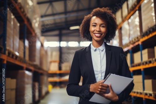 Portrait of a middle aged businesswoman holding clipboard in warehouse photo