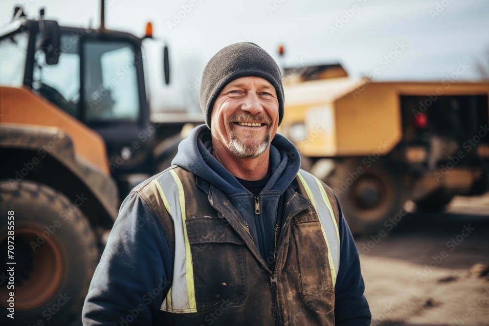 Portrait of a construction worker with smile at heavy machinery site Portrait of a construction worker with smile at heavy machinery site
