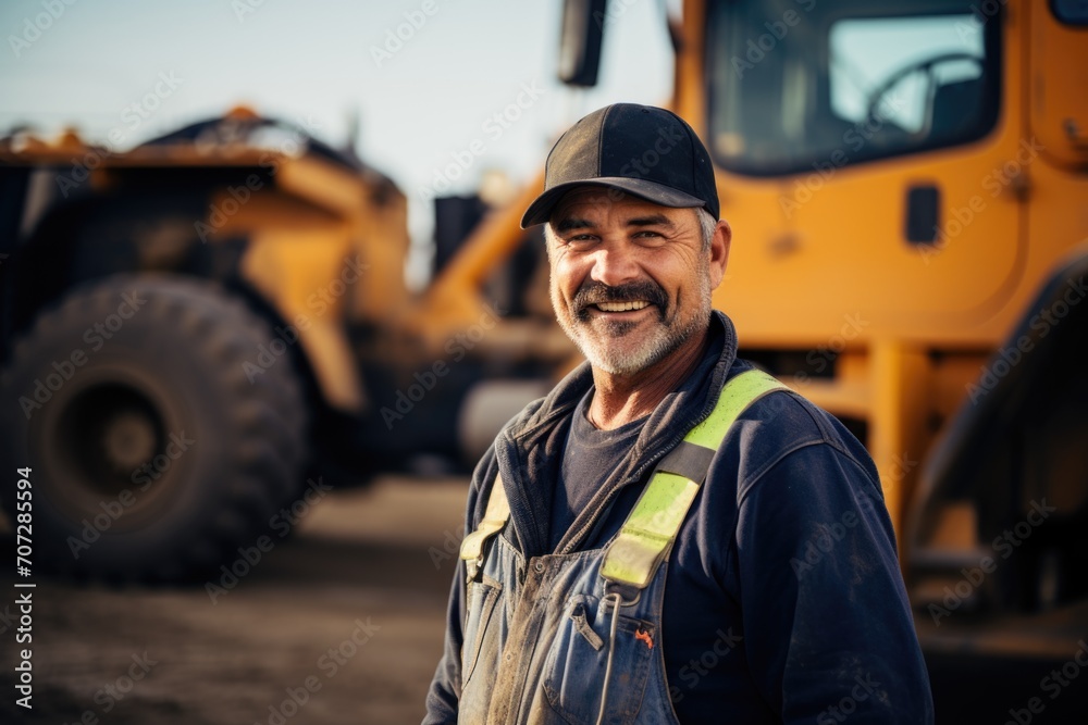 Portrait of a construction worker with smile at heavy machinery site Portrait of a construction worker with smile at heavy machinery site