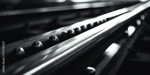 A black and white photo of a conveyor belt. Suitable for industrial and manufacturing concepts
