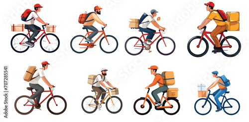 Vector illustration of a delivery man on a bicycle on a white background. photo