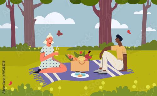People at picnic. Man and woman sitting at blanket with food. Young couple at romantic date in summer day. Young guy and girl with basket of cheese and wine. Cartoon flat vector illustration