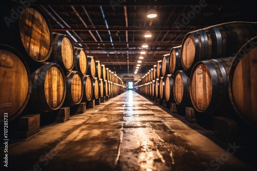 Rows of Aging Whiskey Barrels in a Distillery Warehouse