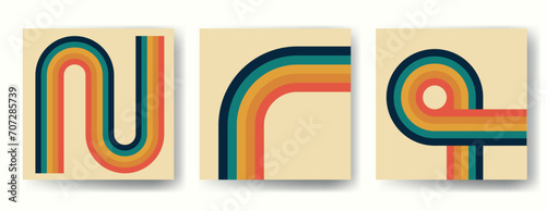 Trendy abstract vector set aesthetic backgrounds with rainbow. Mid century wall decor in style 60s, 70s. Retro design for social media, blog post, template, interior design