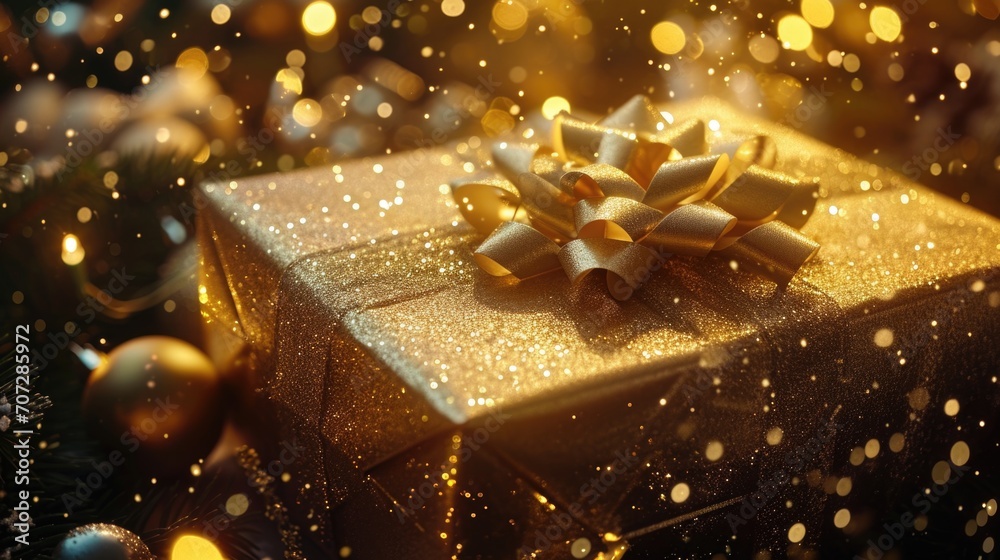 A gold gift box placed on the top of a beautifully decorated Christmas tree. This image can be used to represent the excitement and joy of receiving gifts during the holiday season A gold gift box placed on the top of a beautifully decorated Christmas tree. This image can be used to represent the excitement and joy of receiving gifts during the holiday season