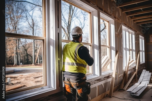 Middle aged male construction worker installing new windows to home photo
