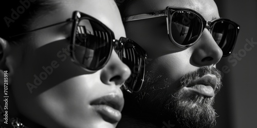 A black and white photo of a man and a woman wearing sunglasses. Suitable for various uses
