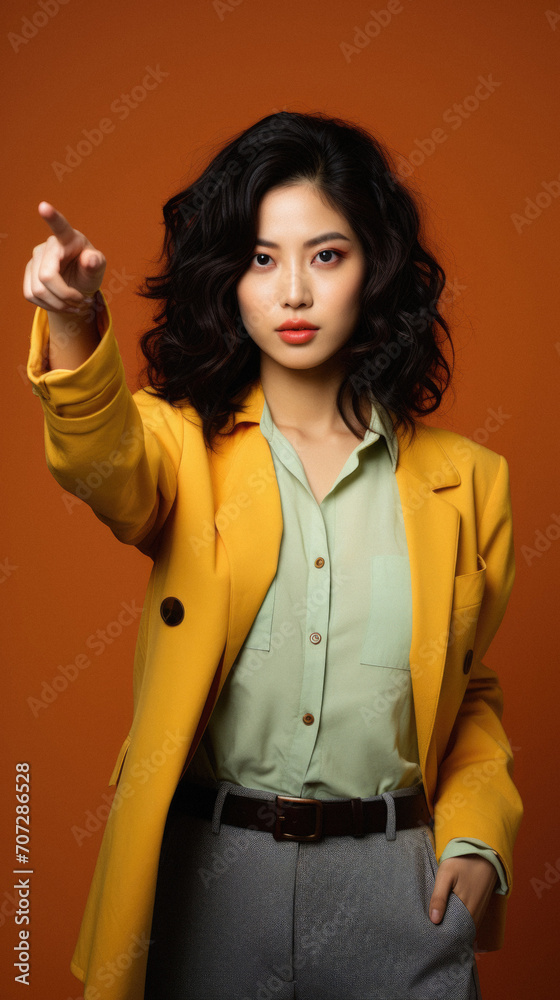 Beautiful asian woman in yellow blazer pointing with finger isolated on orange Beautiful asian woman in yellow blazer pointing with finger isolated on orange