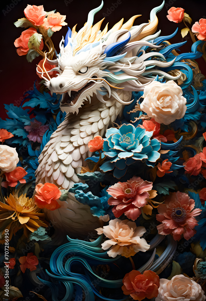 White dragon with colorful paper flowers on the wall. chinese dragon lunar moon new year